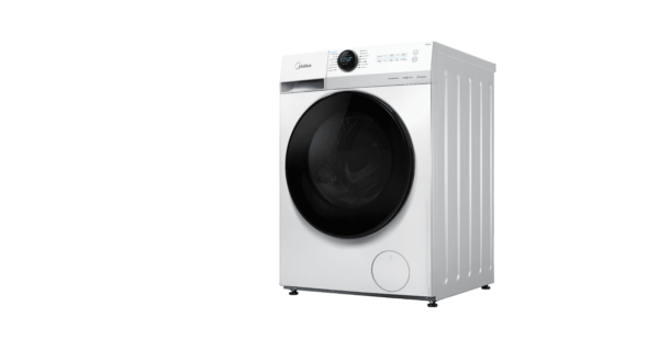Side view of a sleek, modern washing machine, shown from the right, with advanced features for efficient laundry.