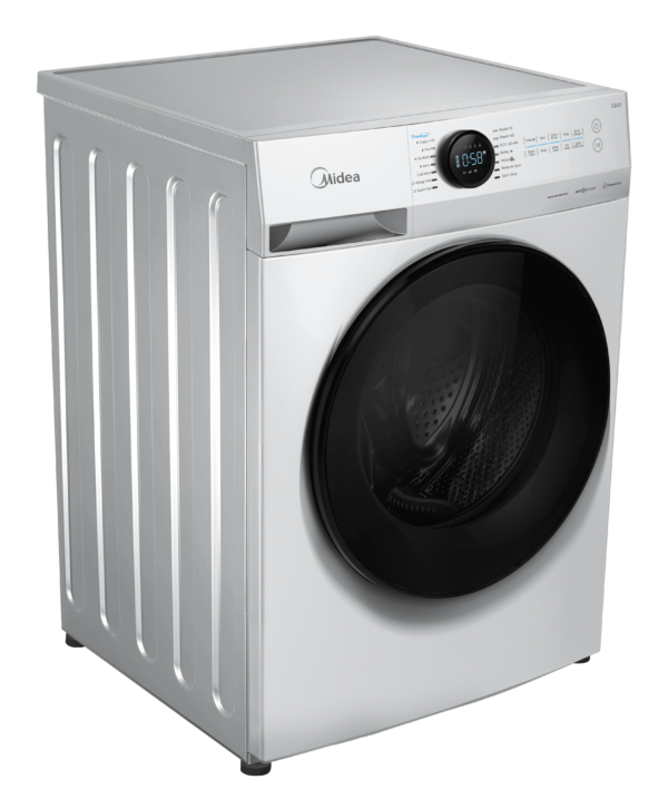 Left side view of a washing machine, showcasing its design and features.