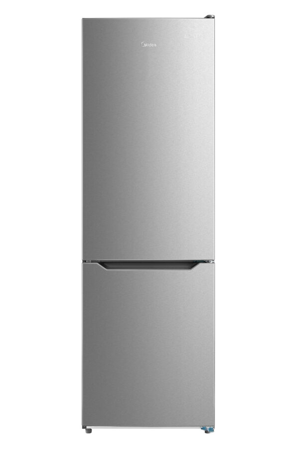 Full front view of Inox Grey Midea fridge/freezer combo.