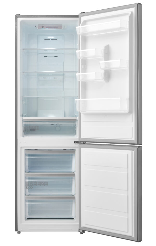 Inox Grey Midea fridge/freezer combo with door open, showcasing fridge on top and freezer at the bottom.