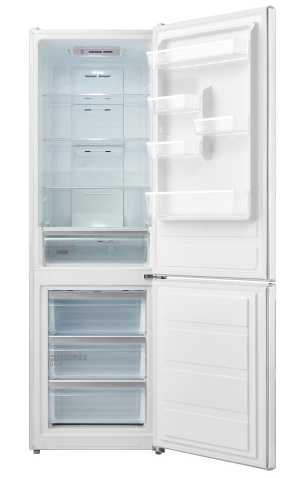 White freestanding fridge freezer with open doors, refrigerator on top, freezer below