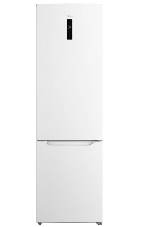 Full front view of elegant White freestanding fridge/freezer.