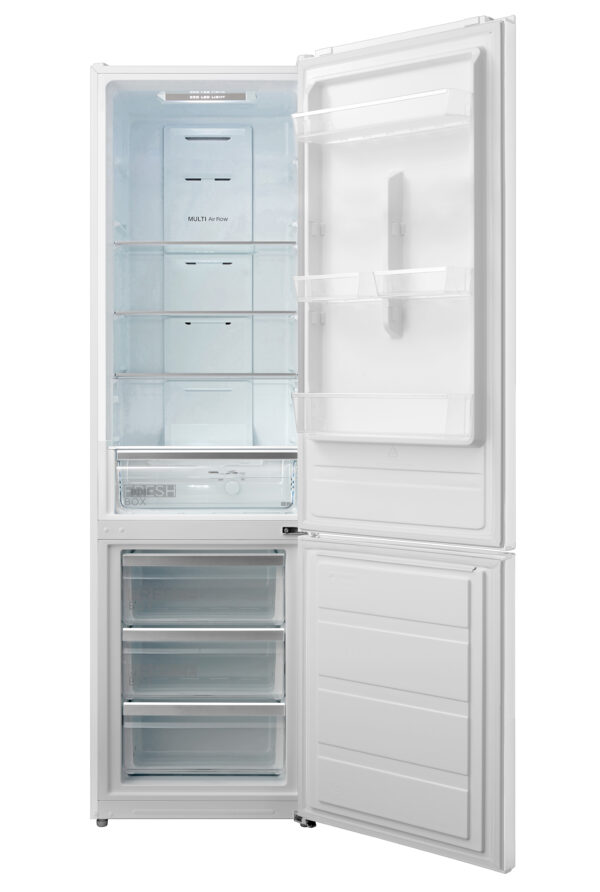 White freestanding fridge/freezer with door open, showcasing fridge on top and freezer at the bottom.