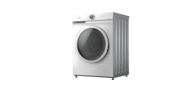 Side profile of Midea washing machine, illustrating its contemporary design and efficient features.