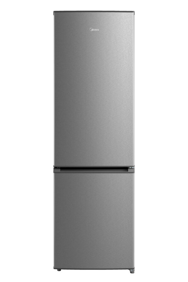 Inox grey freestanding fridge freezer, showcasing modern design and generous storage space.