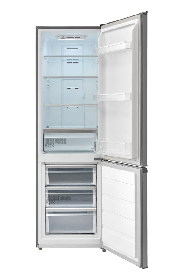 Open doors of fridge freezer unit with refrigerator on top and freezer below, showcasing versatile storage options.