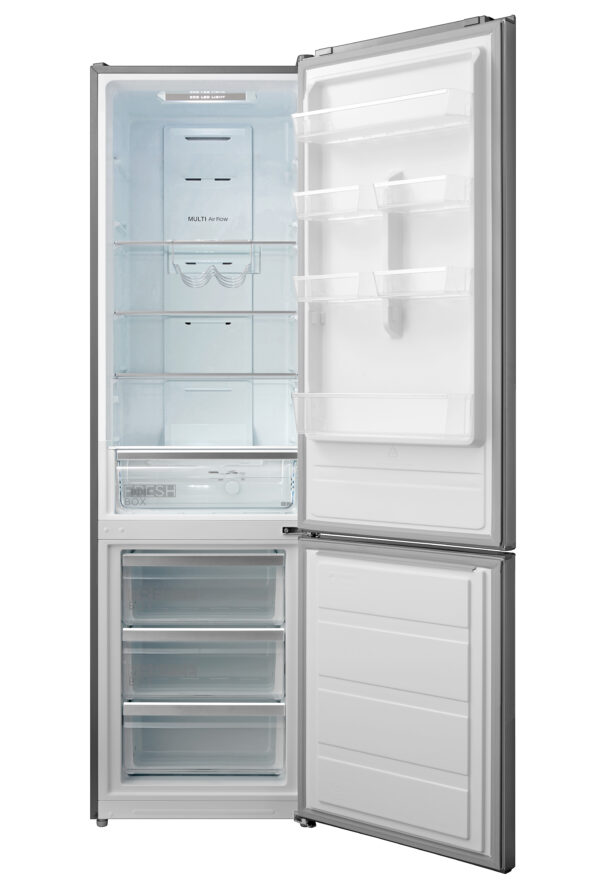 Inox Grey freestanding fridge/freezer with door open.