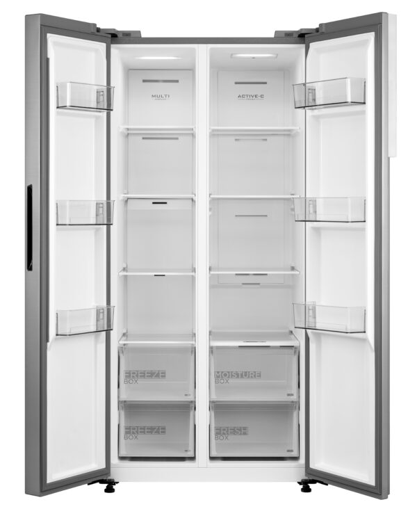 Midea American Style Side-By-Side Fridge Freezer with open door showcasing spacious interior