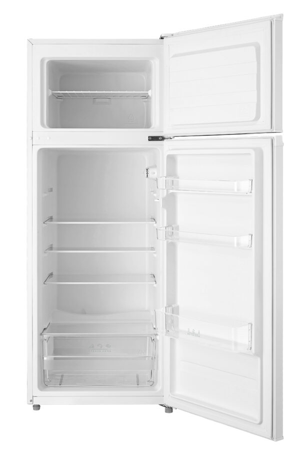 White freestanding fridge freezer with open door, showcasing spacious interior