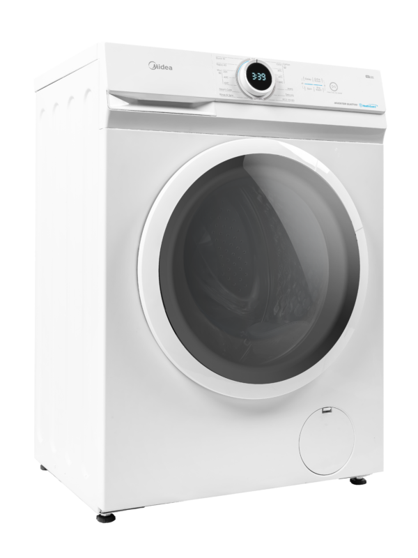 Side view of Midea washing machine showcasing sleek design and advanced technology.