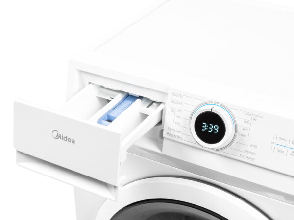 Midea washing machine, illustrating its contemporary design and efficient features.