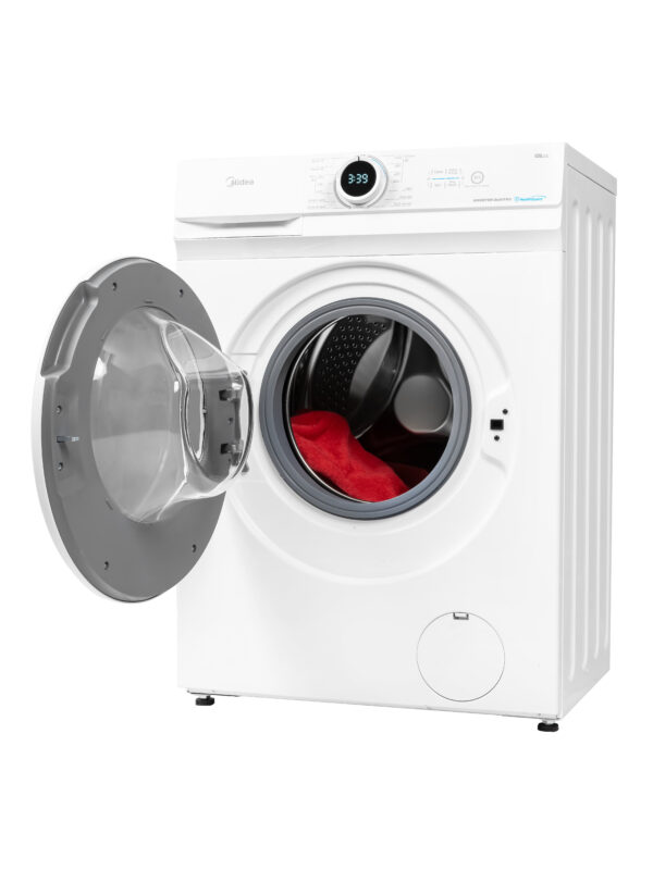 Open door of Midea washing machine revealing spacious interior for efficient laundry.