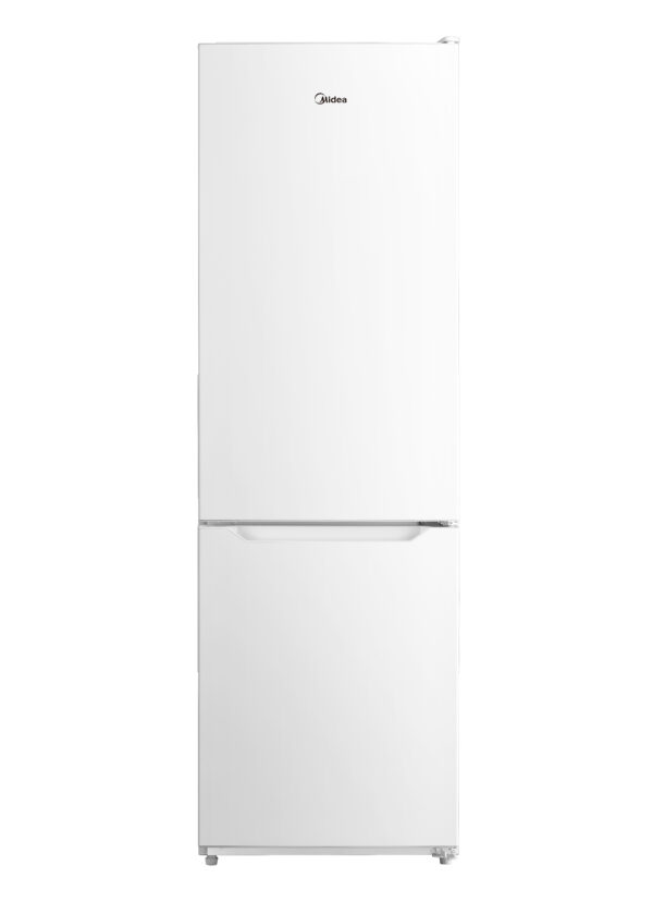 White freestanding fridge freezer with closed doors