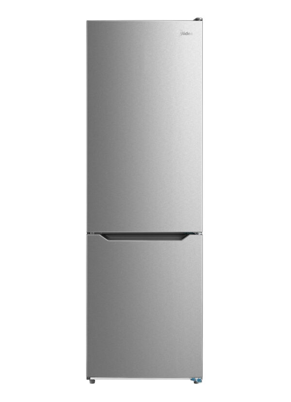 Full front view of Inox Grey Midea fridge/freezer combo.