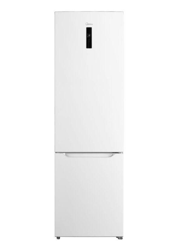 Full front view of elegant White freestanding fridge/freezer.
