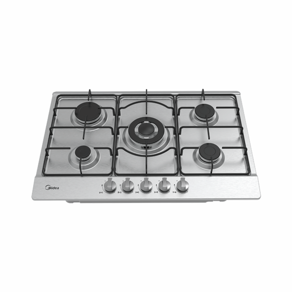 Close-up of front-mounted control panel of Midea gas hob in stainless steel finish.