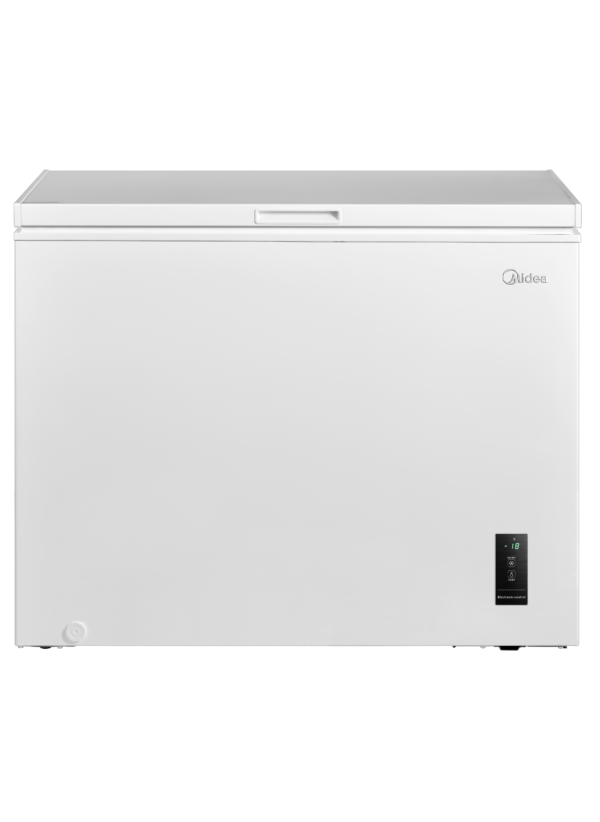 Closed door of a white Midea Chest Freezer, showcasing sleek design and modern features.