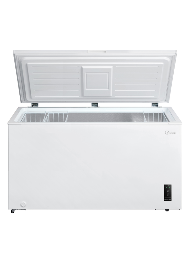 Midea Chest Freezer with door open, revealing three hanging baskets for organized storage.