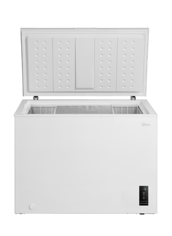 Convertible chest freezer with open door, revealing spacious interior and hanging baskets.