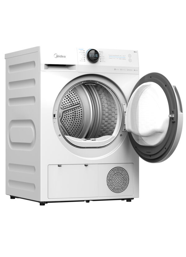 Midea Tumble Dryer with open door, showcasing modern design and advanced features.