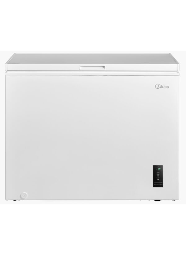 White Midea Chest Freezer with LED control, 290L capacity, and energy-efficient.