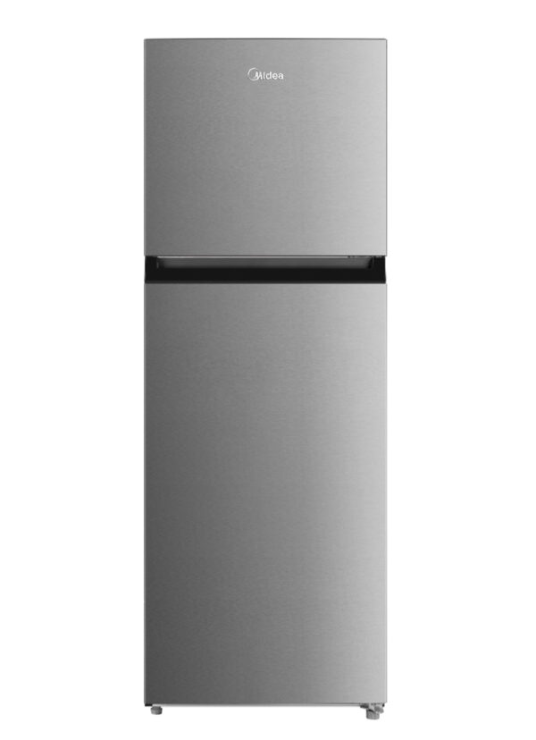 Midea No Frost Fridge Freezer with top-mounted freezer and adjustable shelves.