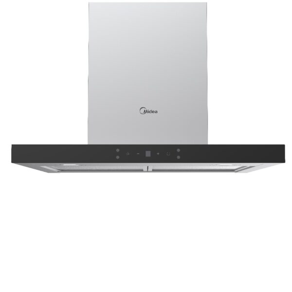 Midea wall-mounted cooker hood with wave control, LED lighting, and stainless steel finish in a modern kitchen setting.