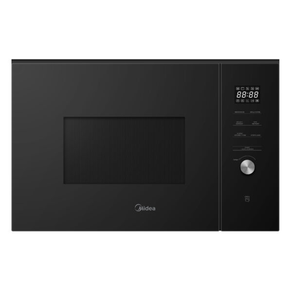 Midea 25L built-in microwave in sleek black with 900W power, grill, auto menus, touch controls & child lock. Stylish, spacious & perfect for daily use.