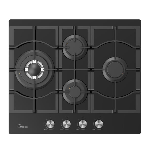 Midea built-in 4-burner gas hob in black with sleek design.