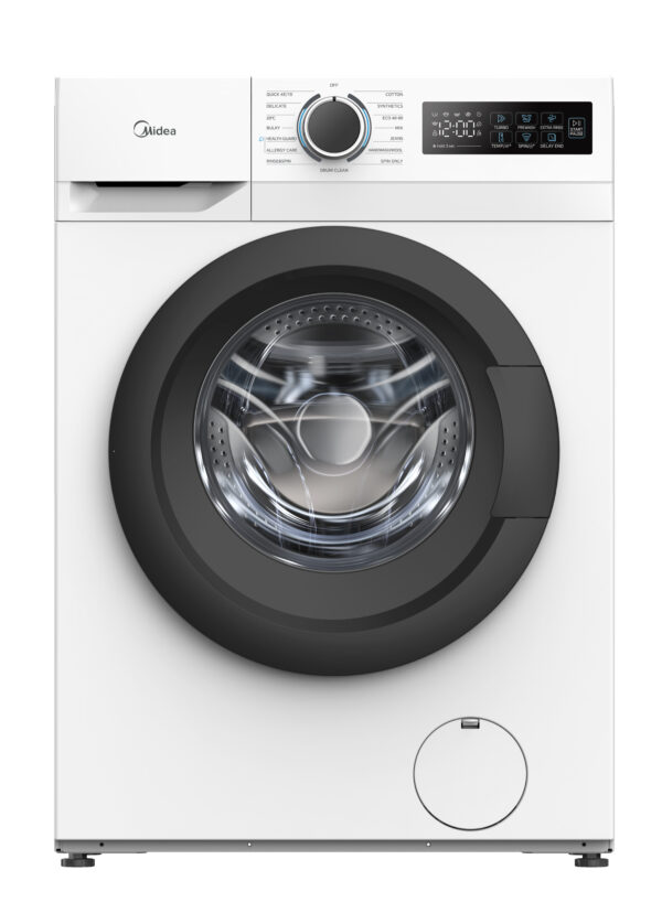 Midea 7kg washing machine in white with digital display and front-loading door.