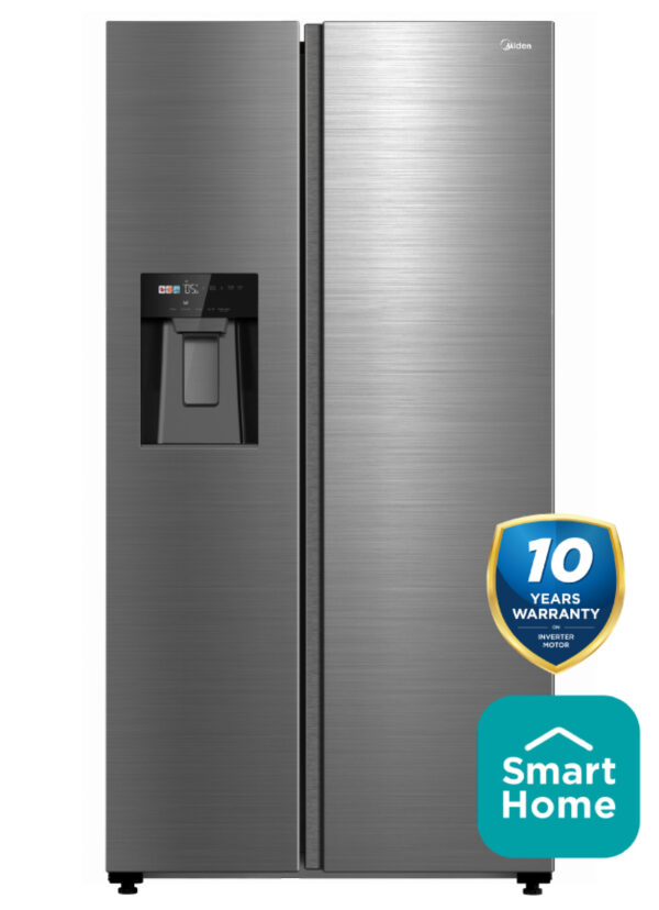Midea 573L American Style stainless steel fridge freezer with water and ice dispenser.