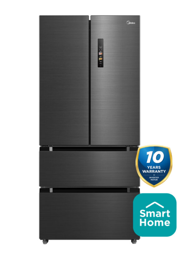 Midea 516L French Door Fridge Freezer in Dark Inox with smart features.