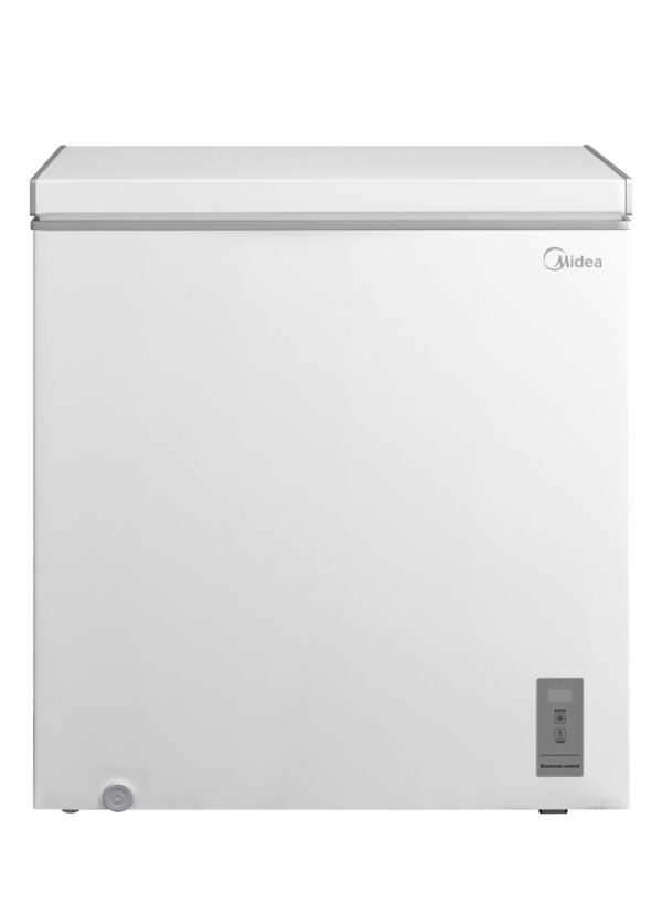 Midea 198L white chest freezer with digital controls and two hanging baskets
