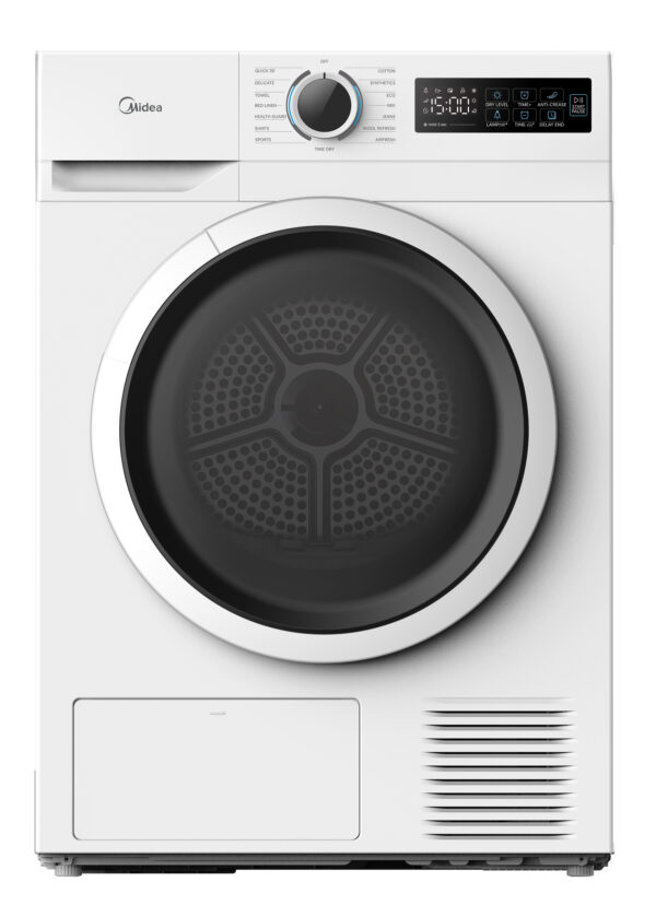 Midea Lunar Series 8kg heat pump tumble dryer in white with LED display and front loading design