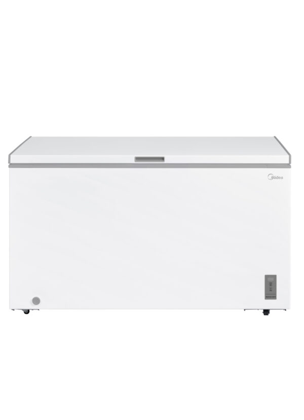 Midea 418L white chest freezer with digital controls and three hanging baskets