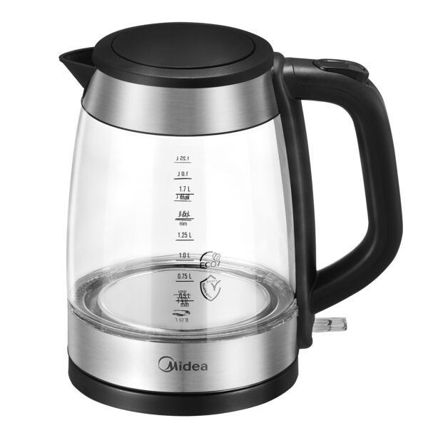 Midea glass electric kettle with inox finish, 1.7L capacity and LED light on kitchen countertop