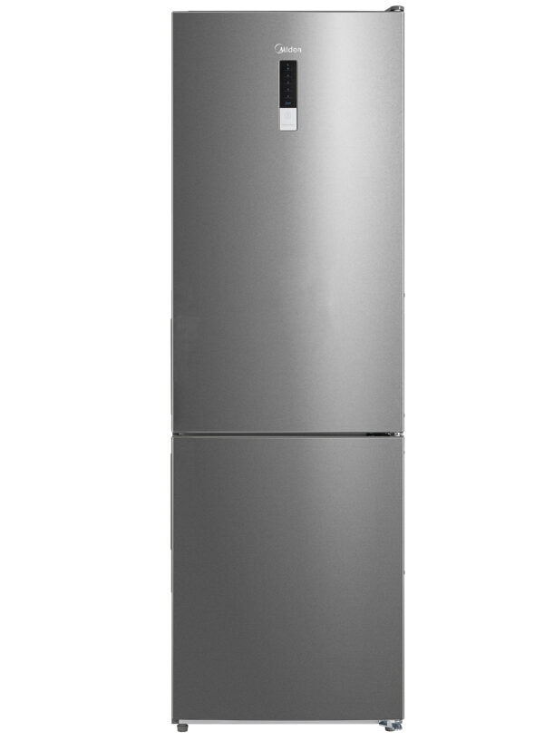 Full front view of Inox Grey Midea fridge/freezer combo.