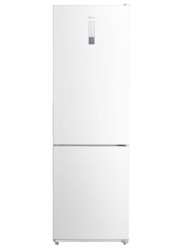 Midea freestanding fridge freezer in white with top freezer and bottom fridge compartment